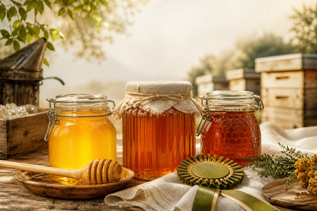 Tarros de miel ecológica con una medalla decorativa, imagen para artículo sobre London Honey Awards